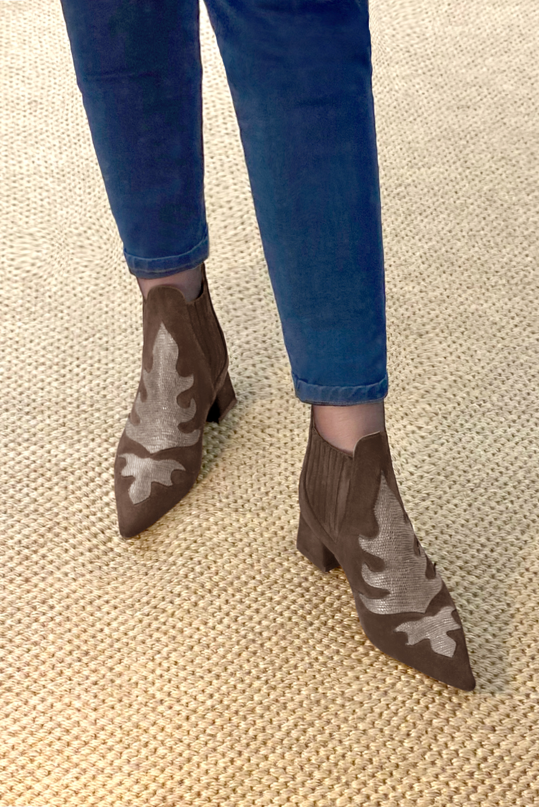 Chocolate brown and bronze beige women's ankle boots, with elastics. Pointed toe. Low flare heels. Worn view - Florence KOOIJMAN